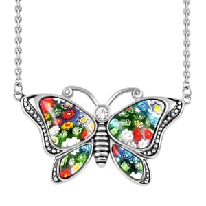 Murano Style and White Austrian Crystal Butterfly Necklace in Black Oxidized Stainless Steel 20 Inches