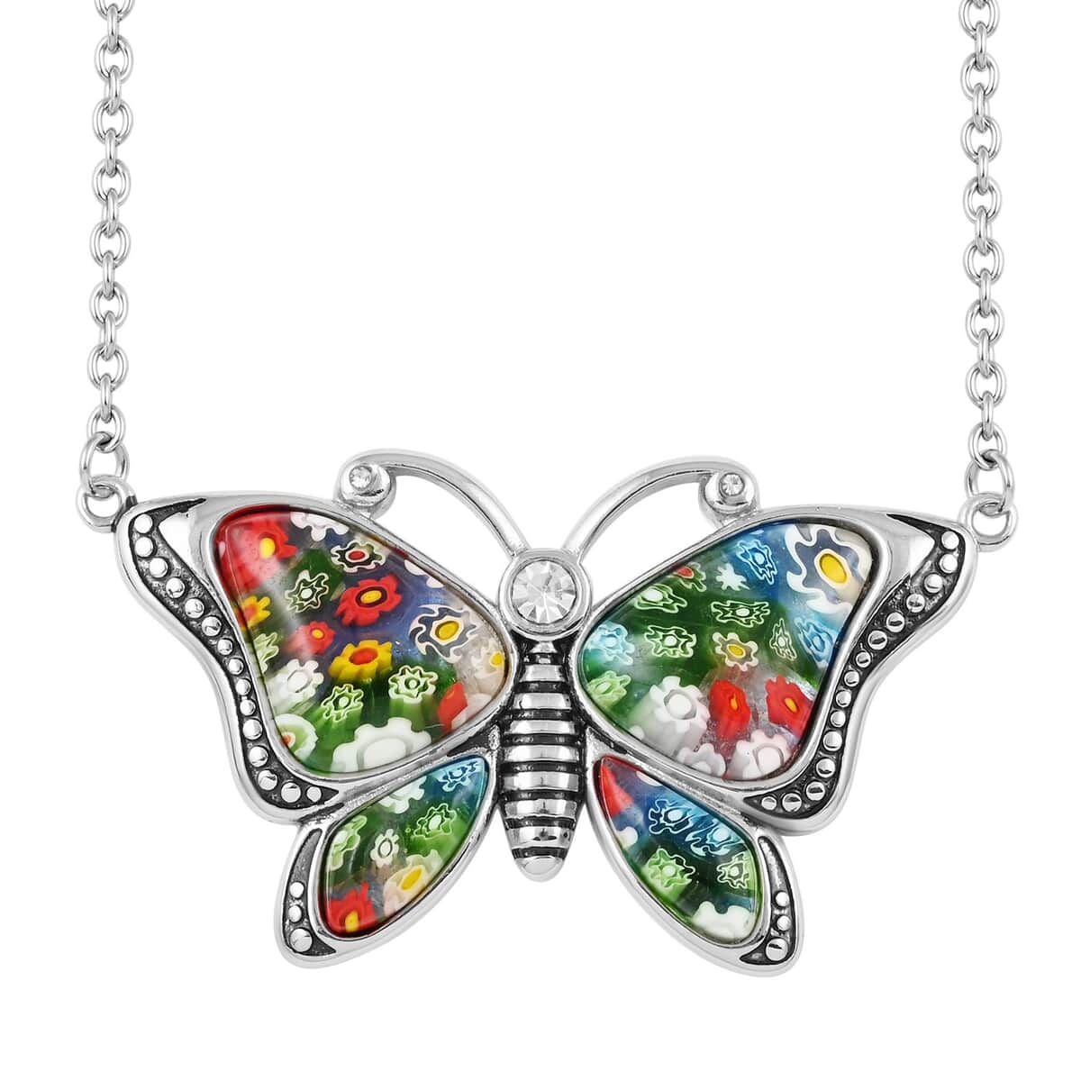 Murano Style and White Austrian Crystal Butterfly Necklace 20 Inches in Black Oxidized Stainless Steel image number 0