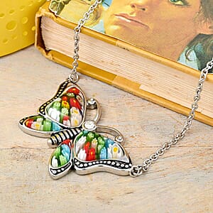 Murano Style and White Austrian Crystal Butterfly Necklace in Black Oxidized Stainless Steel 20 Inches