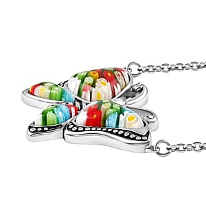 Murano Style and White Austrian Crystal Butterfly Necklace in Black Oxidized Stainless Steel 20 Inches