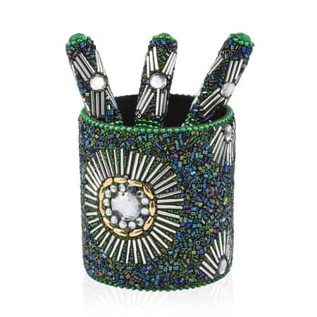 Handcrafted Set of 3 Green Beaded Pen (4.5 in) with Matching Beaded Pen Pot (2.75x3 in) image number 0