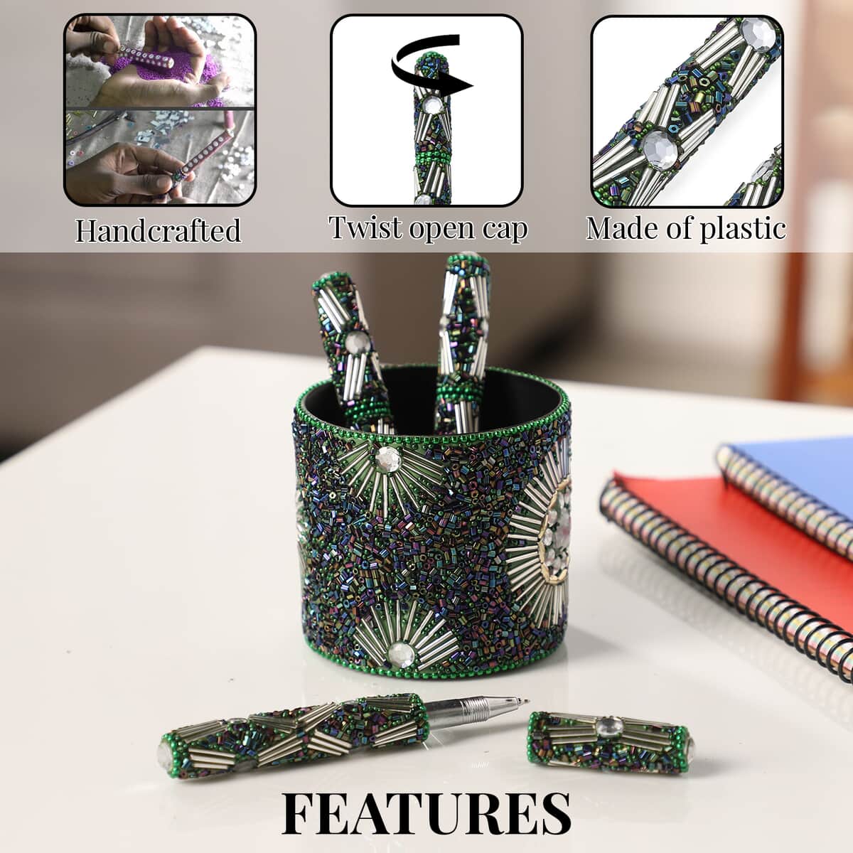 Handcrafted Set of 3 Green Beaded Pen (4.5 in) with Matching Beaded Pen Pot (2.75x3 in) image number 2