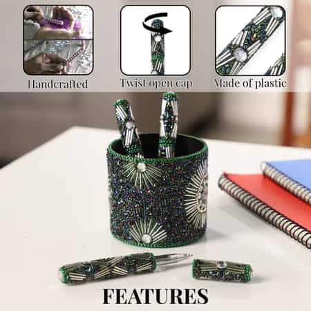 Handcrafted Set of 3 Green Beaded Pen (4.5 in) with Matching Beaded Pen Pot (2.75x3 in) image number 2