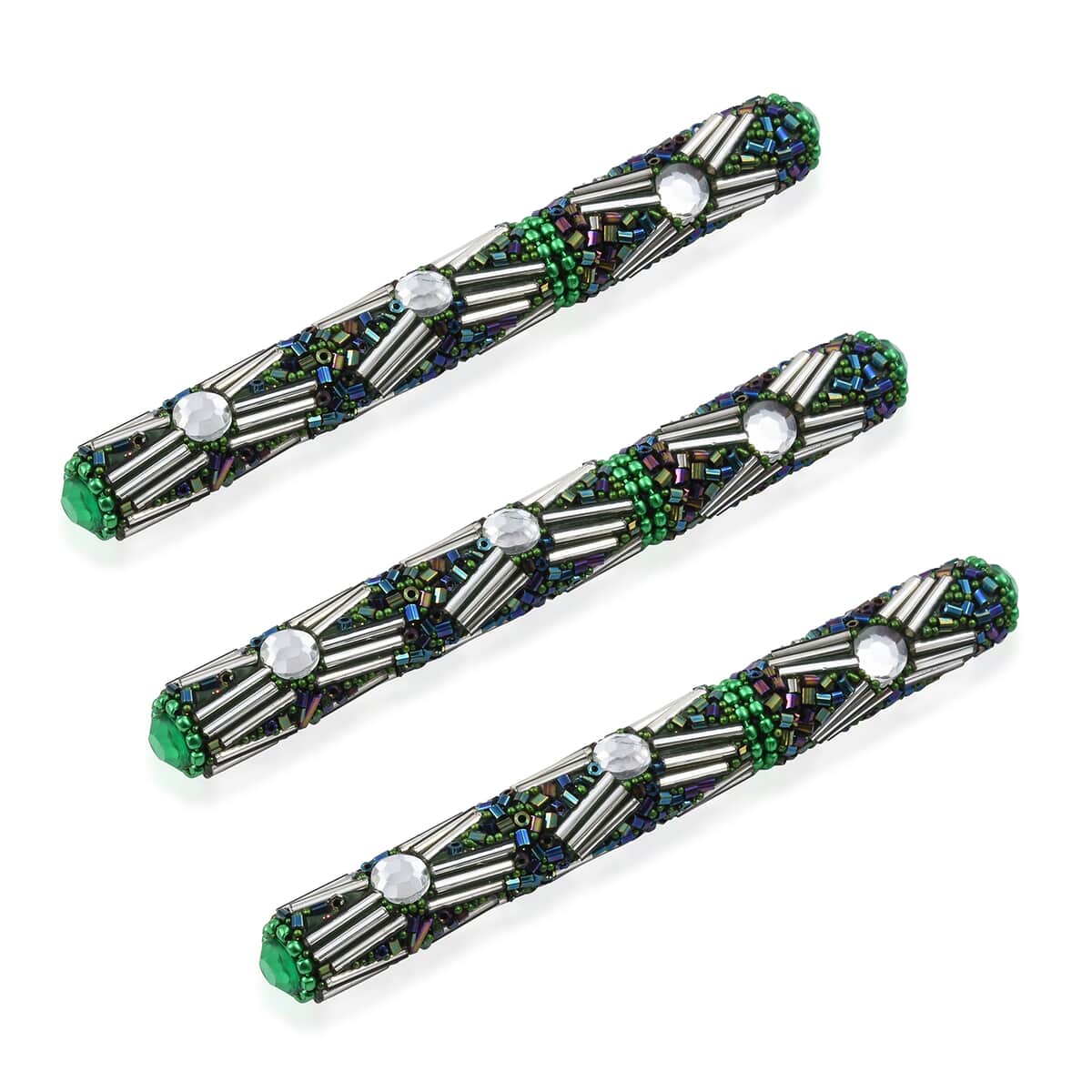 Handcrafted Set of 3 Green Beaded Pen (4.5 in) with Matching Beaded Pen Pot (2.75x3 in) image number 4