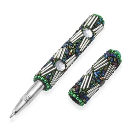 Handcrafted Set of 3 Green Beaded Pen (4.5 in) with Matching Beaded Pen Pot (2.75x3 in) image number 5