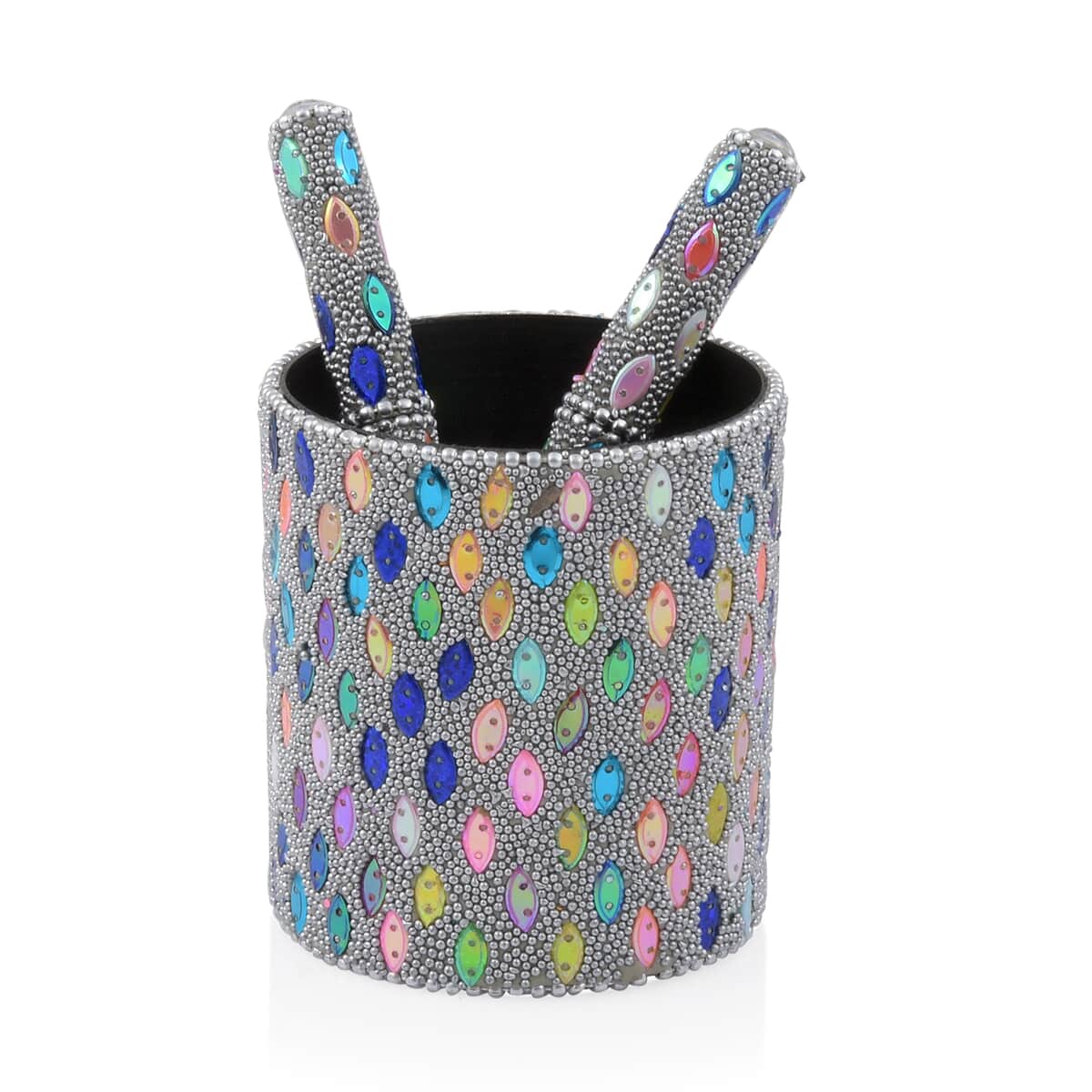 Handcrafted Set of 3 Silver Multi Color Marquise Beaded Pen with Matching Beaded Pen Pot image number 0