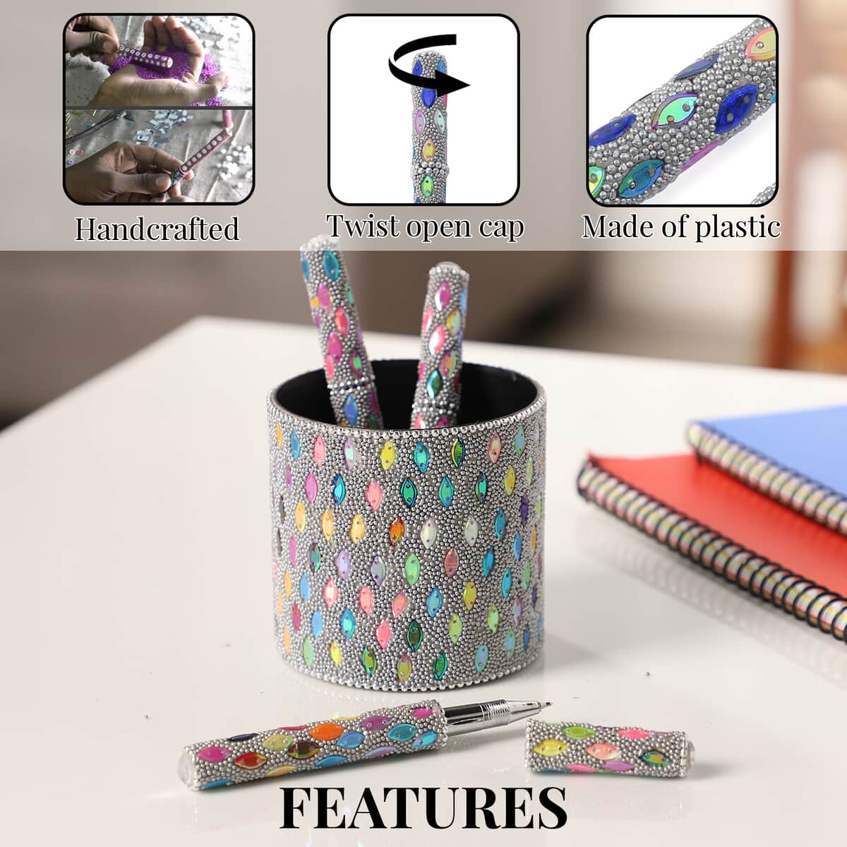 Handcrafted Set of 3 Silver Multi Color Marquise Beaded Pen with Matching Beaded Pen Pot image number 2