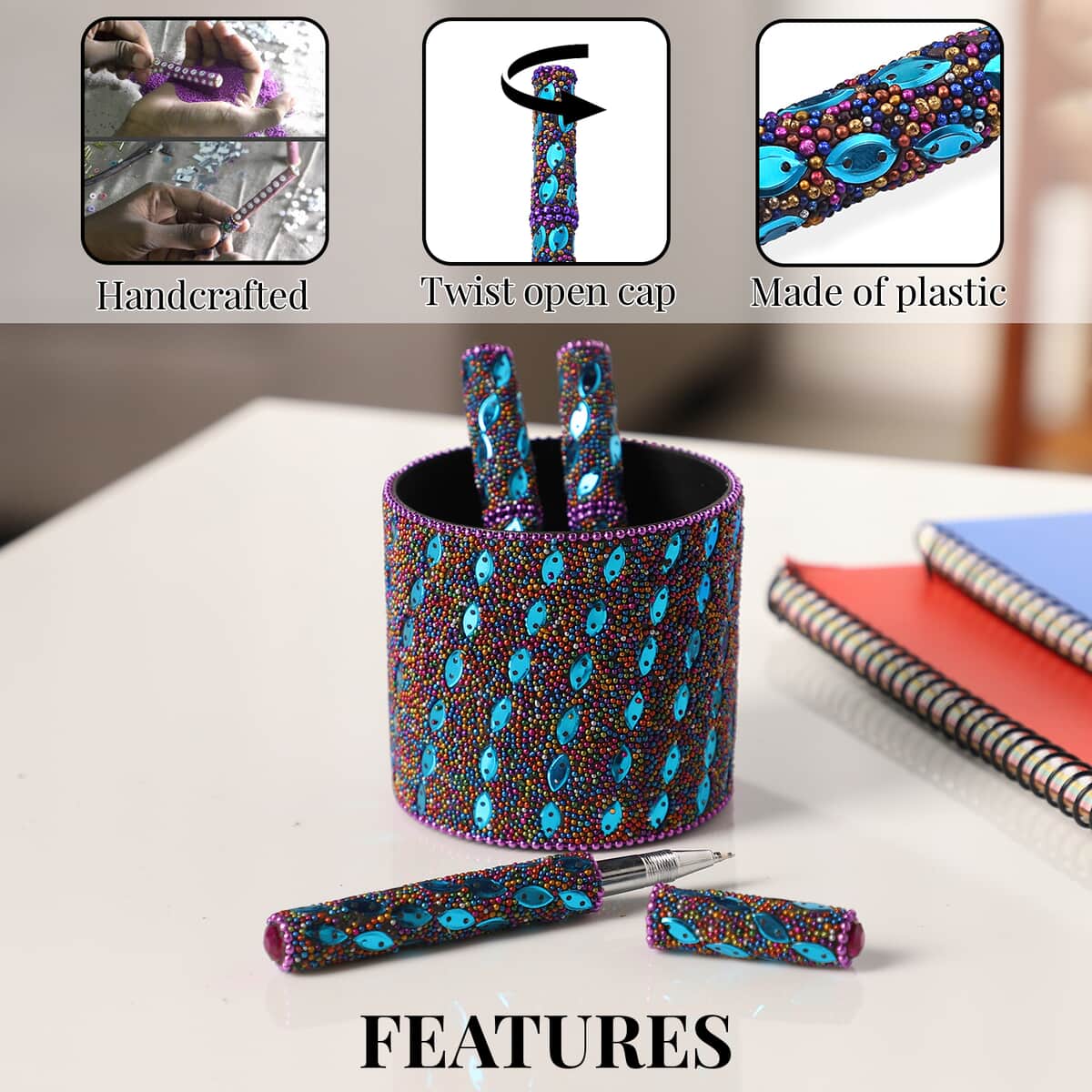 Handcrafted Set of 3 Purple Beaded Teal Marquise Pen with Matching Beaded Pen Pot image number 2