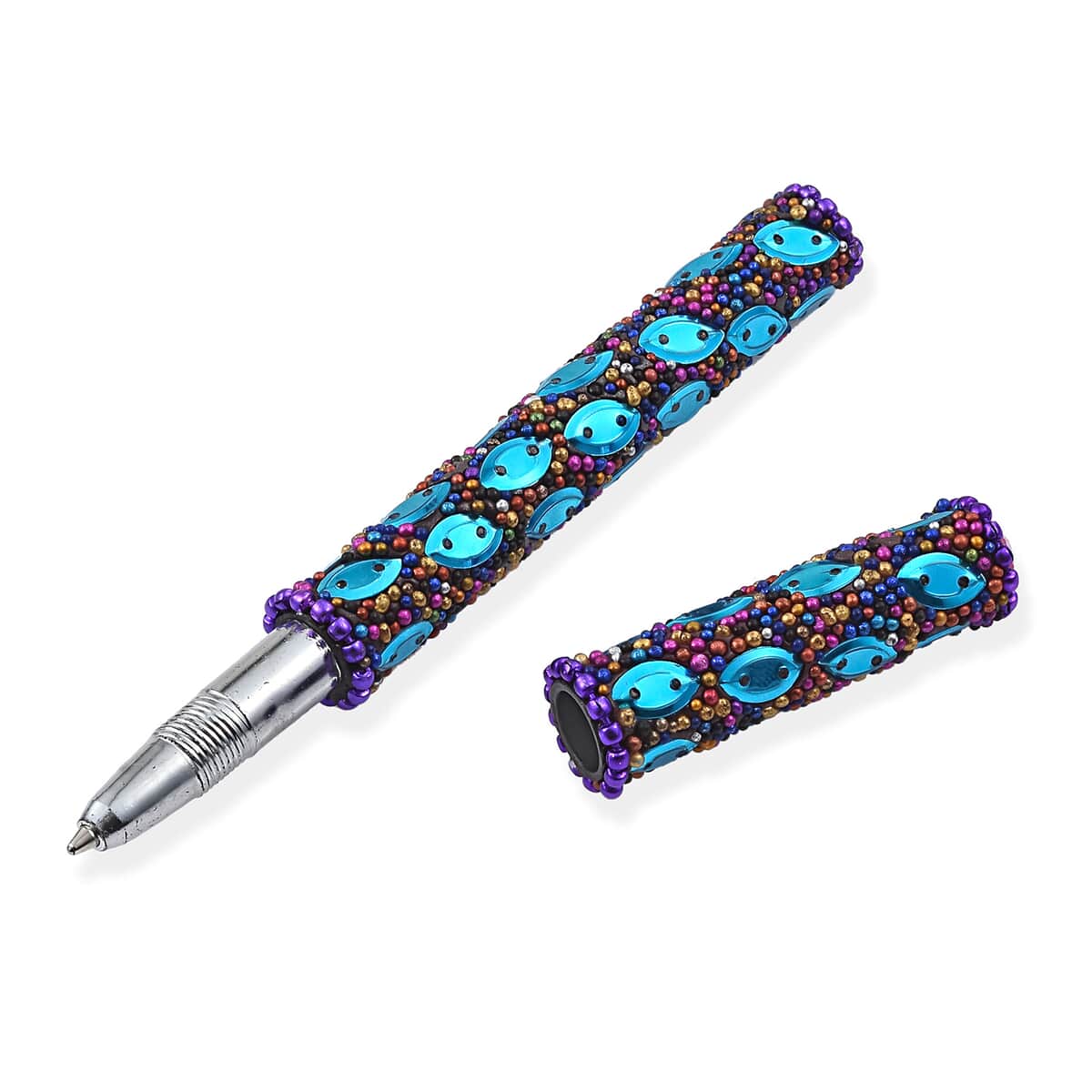 Handcrafted Set of 3 Purple Beaded Teal Marquise Pen with Matching Beaded Pen Pot image number 4