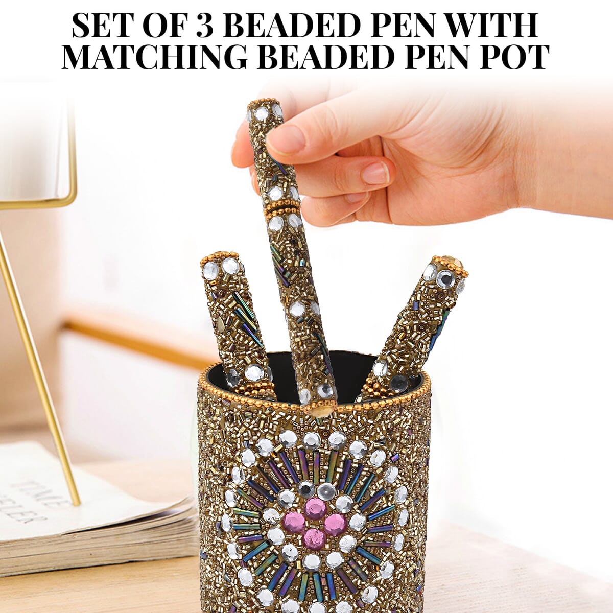 Handcrafted Set of 3 Golden Swirl Beaded Pen with Matching Beaded Pen Pot image number 1