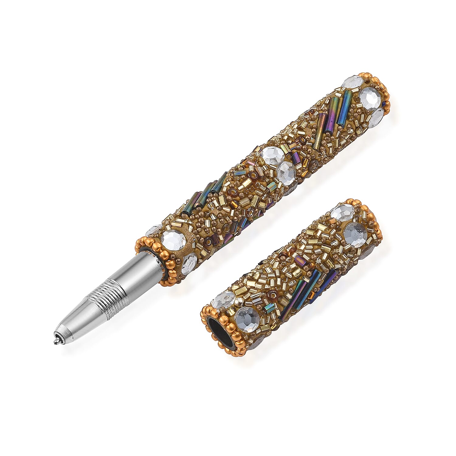 Handcrafted Set of 3 Golden Swirl Beaded Pen with Matching Beaded Pen Pot