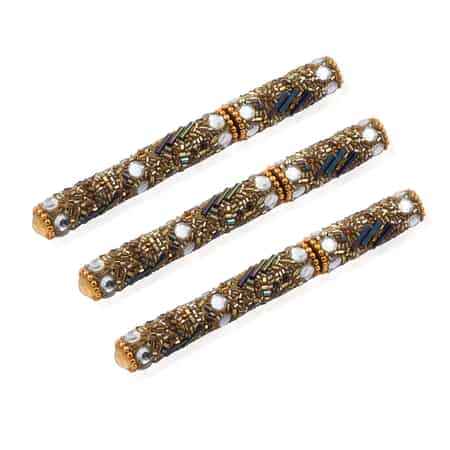 Handcrafted Set of 3 Golden Swirl Beaded Pen with Matching Beaded Pen Pot image number 6