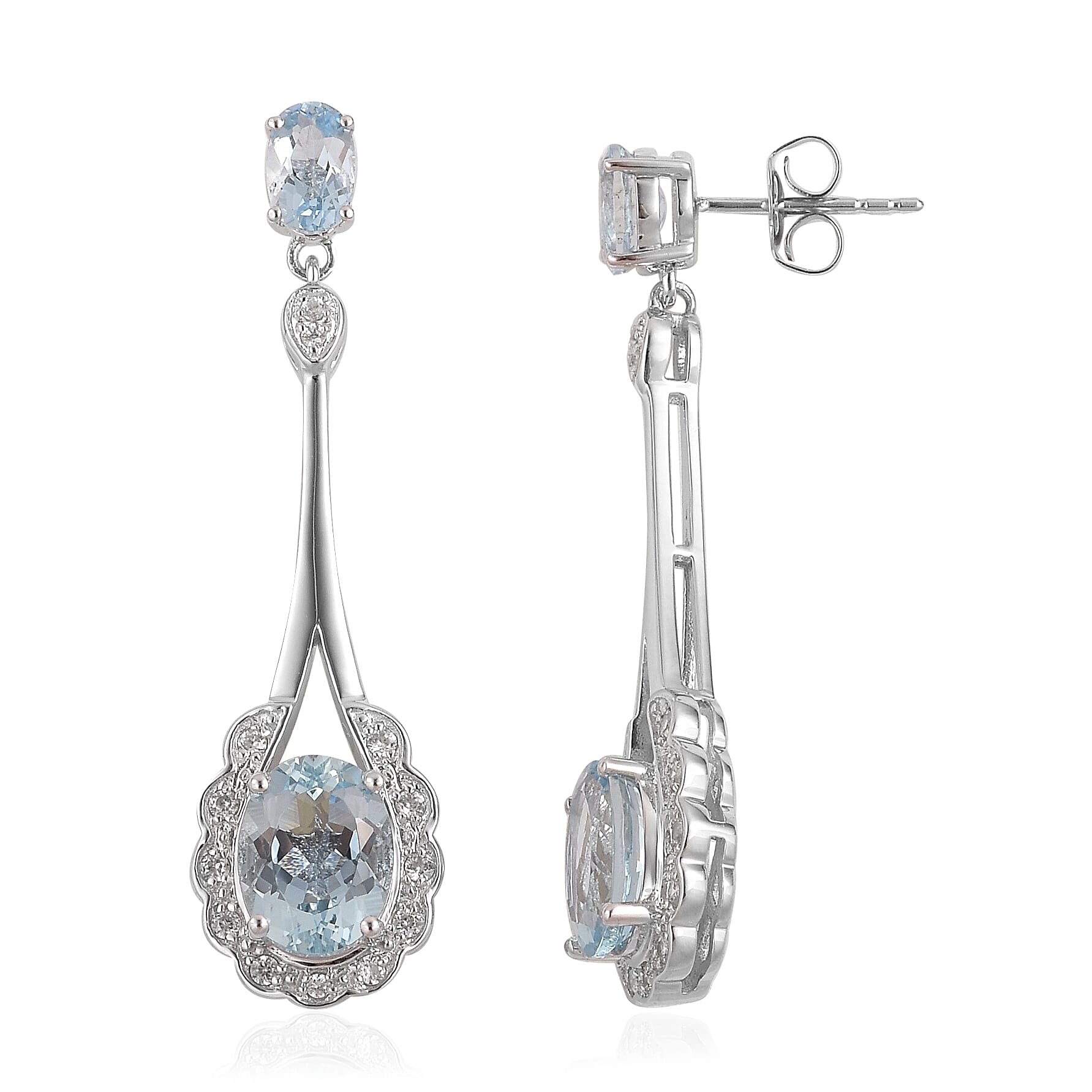14K White Gold Mangoro Aquamarine and White Zircon Earrings 7 Grams 4.00 ctw