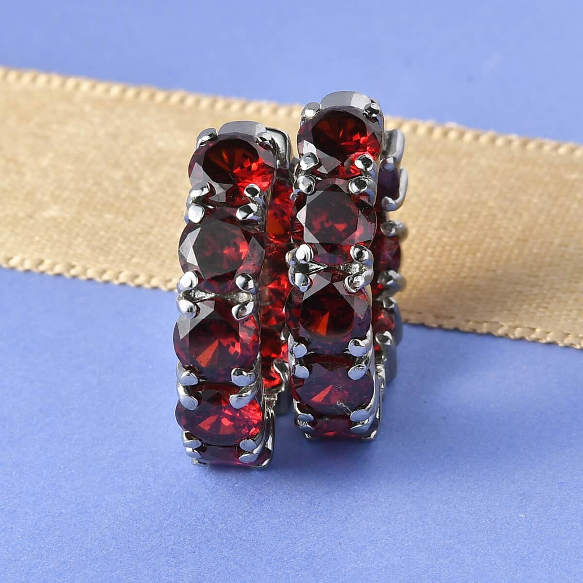 Simulated Red Diamond Earrings in Stainless Steel, Inside Out Hoops, Simulated Diamond Jewelry For Women 22.40 ctw image number 2