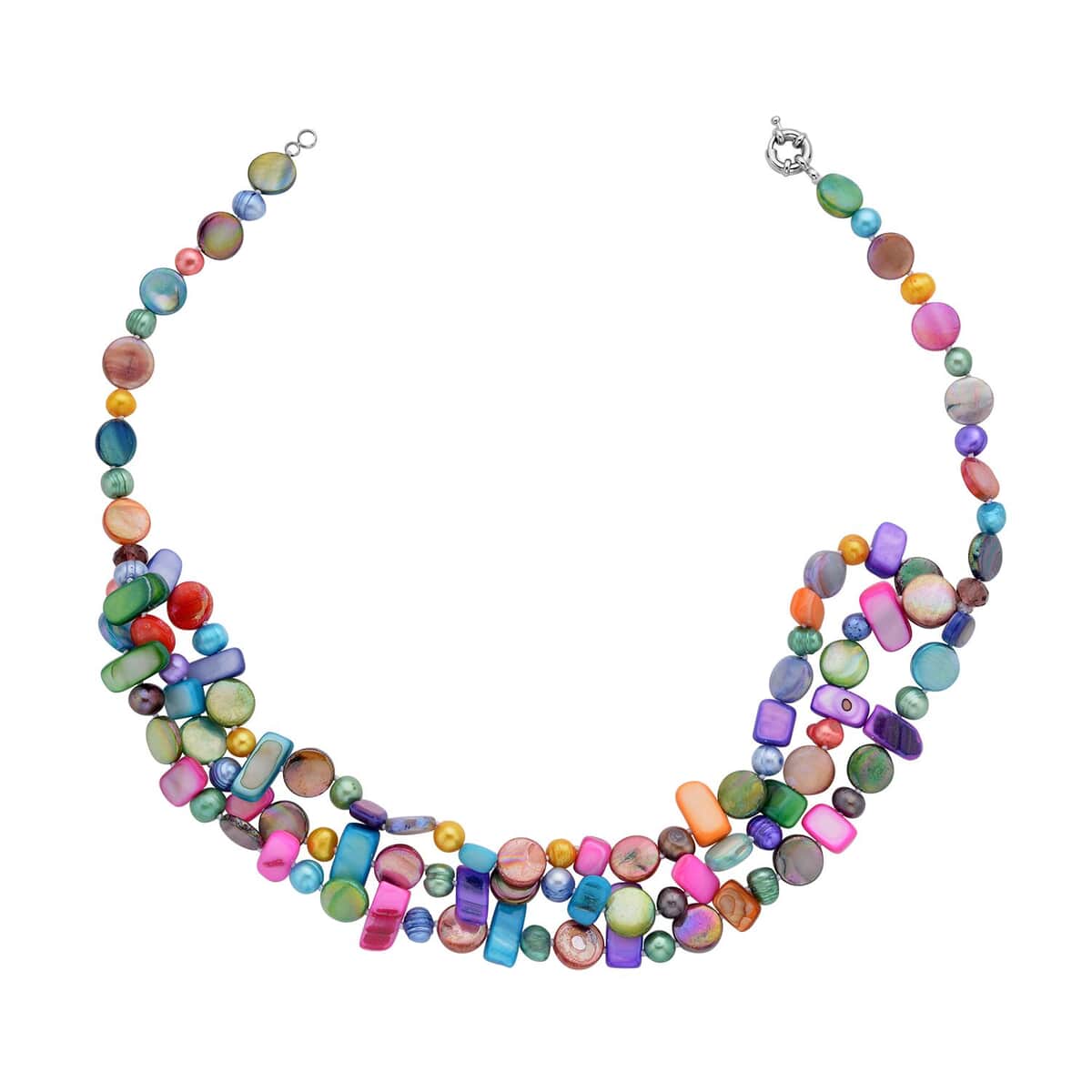 Freshwater Multi Color Pearl and Multi Color Shell Three Row Necklace 20 Inches in Silvertone image number 0