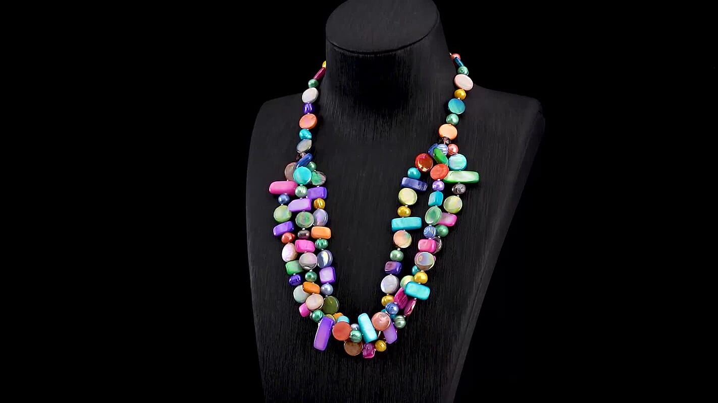 Freshwater Multi Color Pearl and Multi Color Shell Three Row Necklace 20 Inches in Silvertone