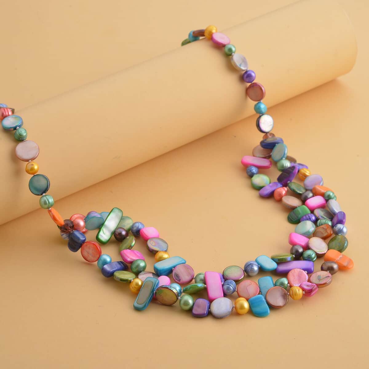 Freshwater Multi Color Pearl and Multi Color Shell Three Row Necklace 20 Inches in Silvertone image number 1