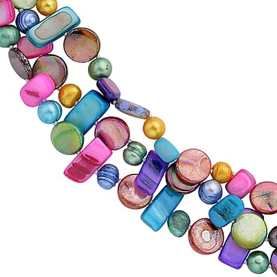 Freshwater Multi Color Pearl and Multi Color Shell Three Row Necklace in Silvertone 20 Inches
