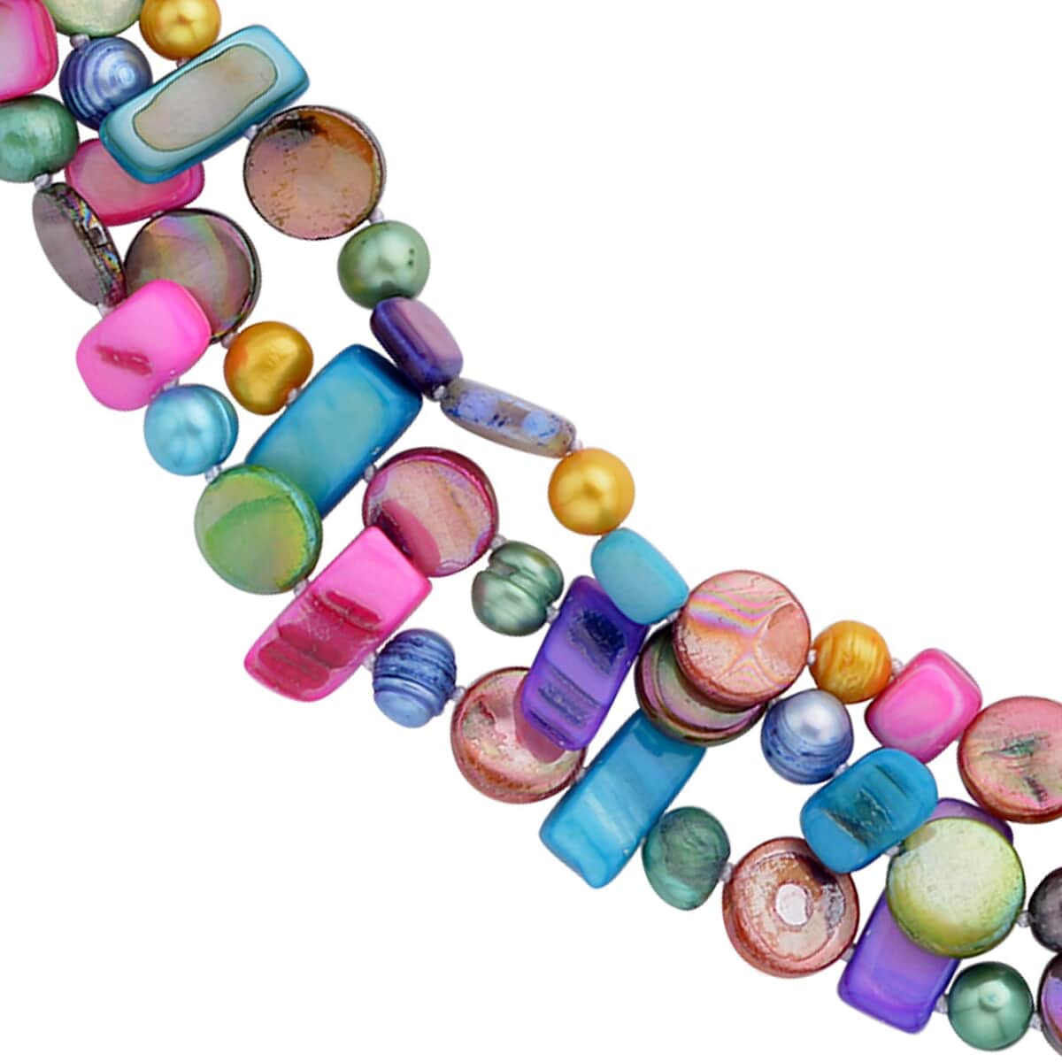 Freshwater Multi Color Pearl and Multi Color Shell Three Row Necklace 20 Inches in Silvertone image number 3