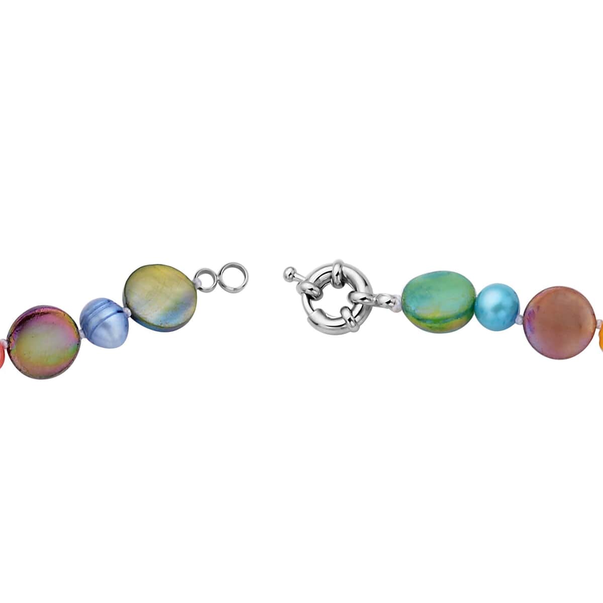Freshwater Multi Color Pearl and Multi Color Shell Three Row Necklace 20 Inches in Silvertone image number 4