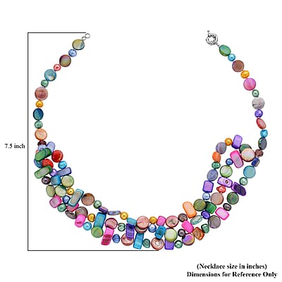 Freshwater Multi Color Pearl and Multi Color Shell Three Row Necklace in Silvertone 20 Inches