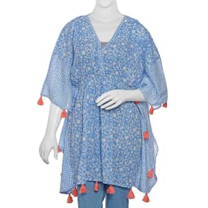 Manglam Blue, White Hand Screen Printed Kaftan with Orange Tassels (One Size Fits Most, Cotton)