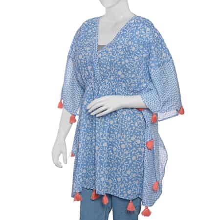 Manglam Blue, White Hand Screen Printed Kaftan with Orange Tassels (One Size Fits Most, Cotton) image number 1