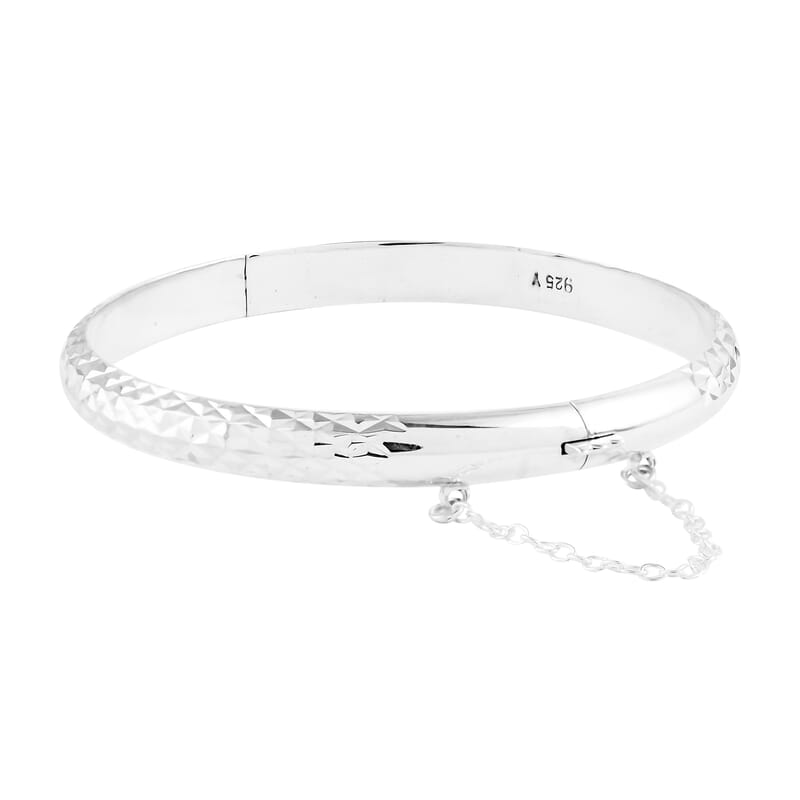Sterling Silver Checkered Diamond Cut Bangle Bracelet (7 In) 7.7 Grams