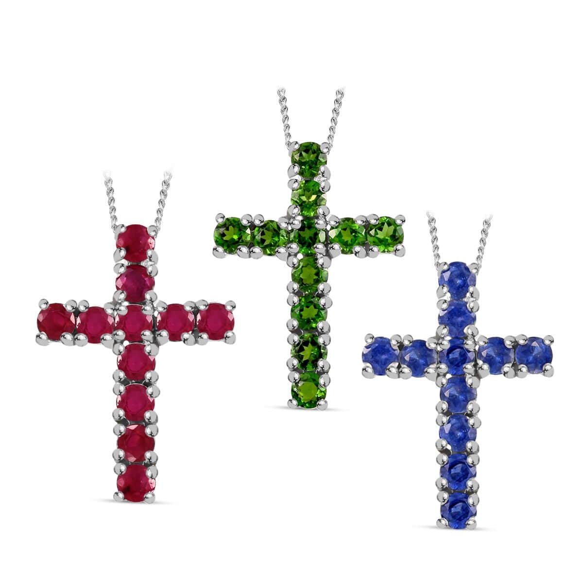 Set of 3 Chrome Diopside Masoala Sapphire (D) Niassa Ruby (FF) 8.00 ctw Necklace in Platinum Over Sterling Silver, Cross Pendants 20 Inches image number 0