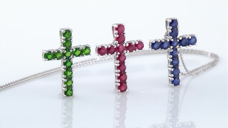 Set of 3 Chrome Diopside Masoala Sapphire (D) Niassa Ruby (FF) 8.00 ctw Necklace in Platinum Over Sterling Silver, Cross Pendants 20 Inches