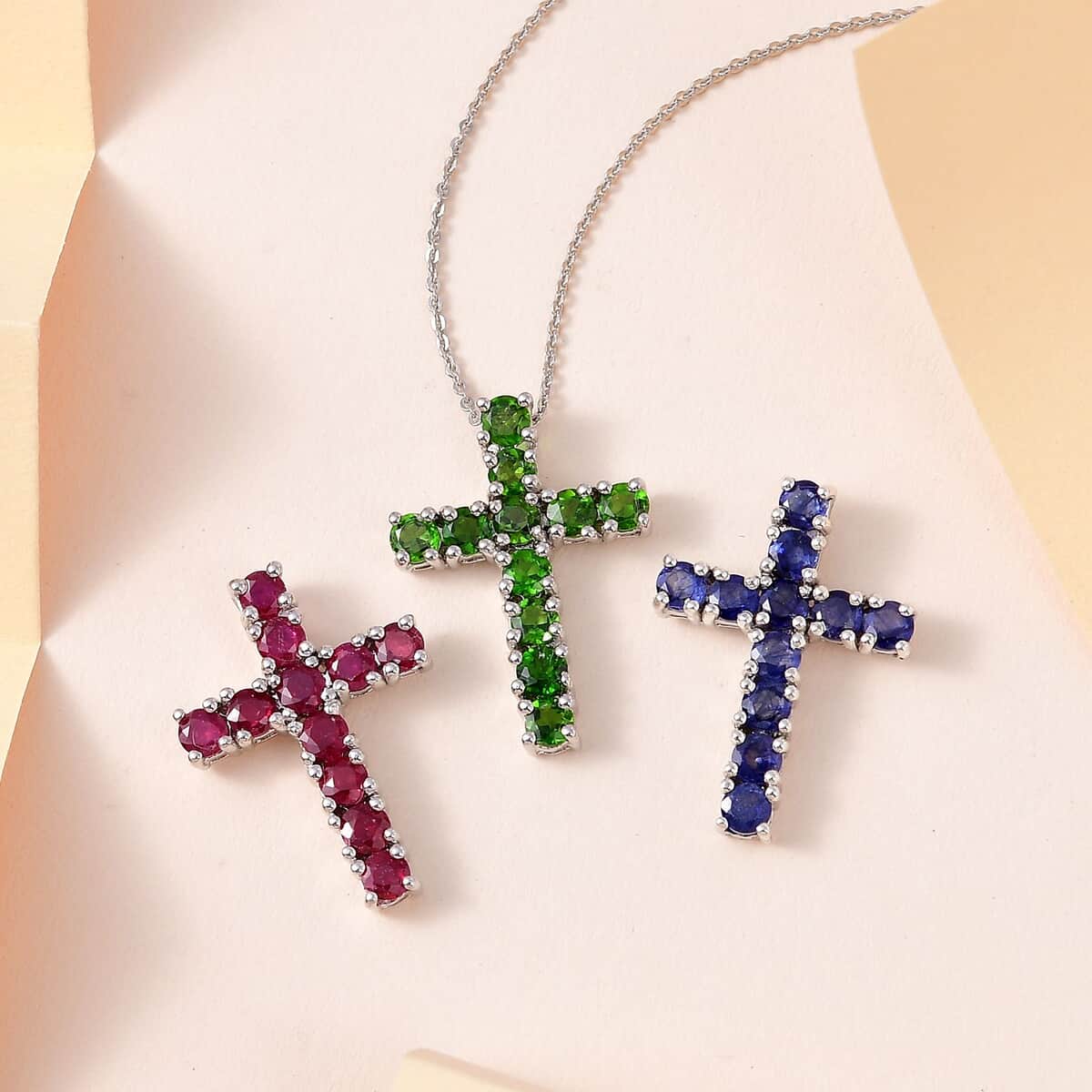 Set of 3 Chrome Diopside Masoala Sapphire (D) Niassa Ruby (FF) 8.00 ctw Necklace in Platinum Over Sterling Silver, Cross Pendants 20 Inches image number 1