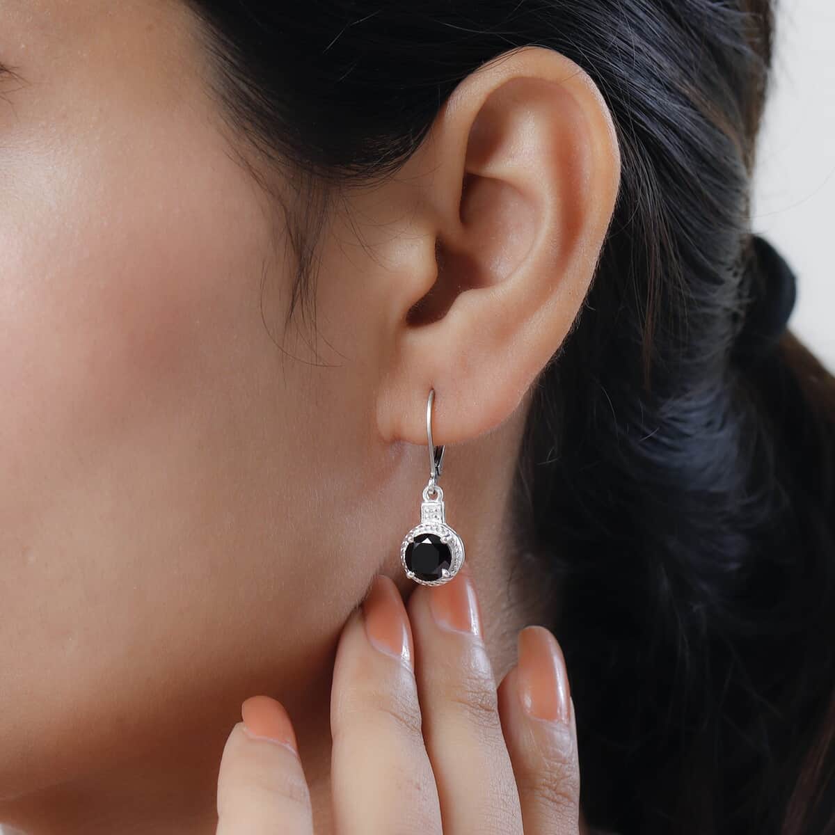 Thai Black Spinel and Zircon Earrings in Sterling Silver with Stainless Steel Lever Back 3.35 ctw image number 2