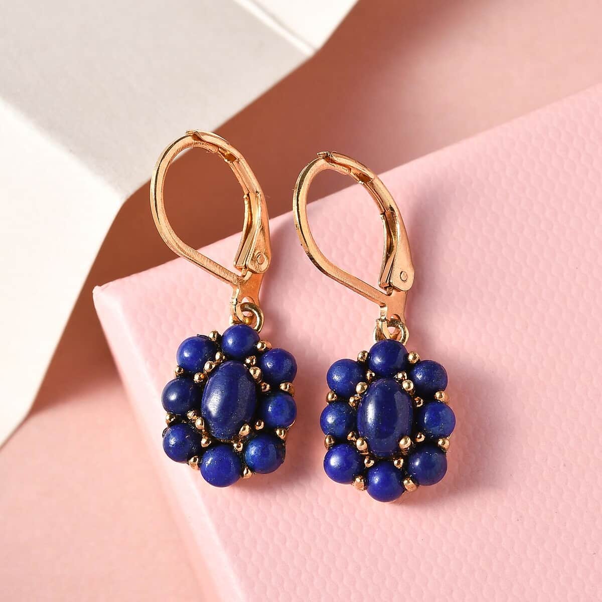 Karis Lapis Lazuli Lever Back Floral Earrings in 18K Yellow Gold Plated 4.00 ctw image number 4