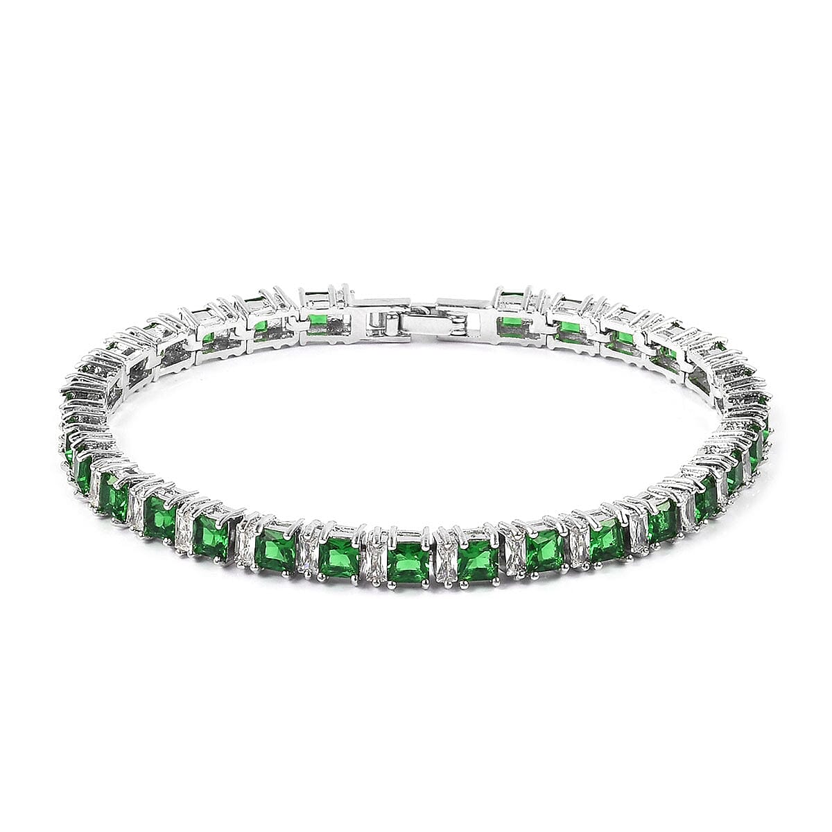 Green Glass and Simulated Diamond Tennis Bracelet in Silverton (7.50 In) 5.00 ctw 