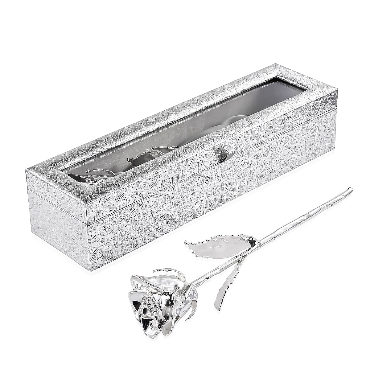 Handcrafted Silvertone Real Rose 11 Inch in Silver Safe Keep Box 12x2.75x3.5 in