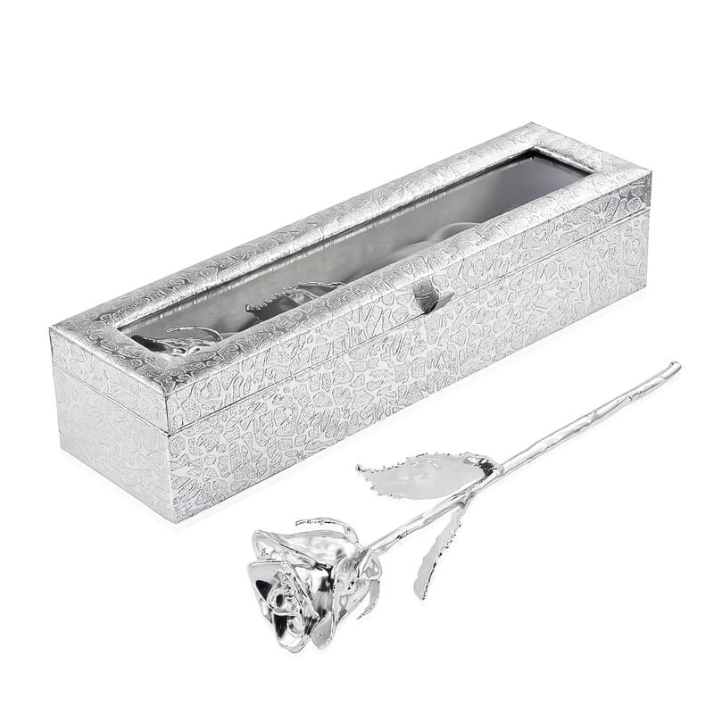 Handcrafted Silvertone Real Rose 11 Inch in Silver Safe Keep Box 12x2.75x3.5 in