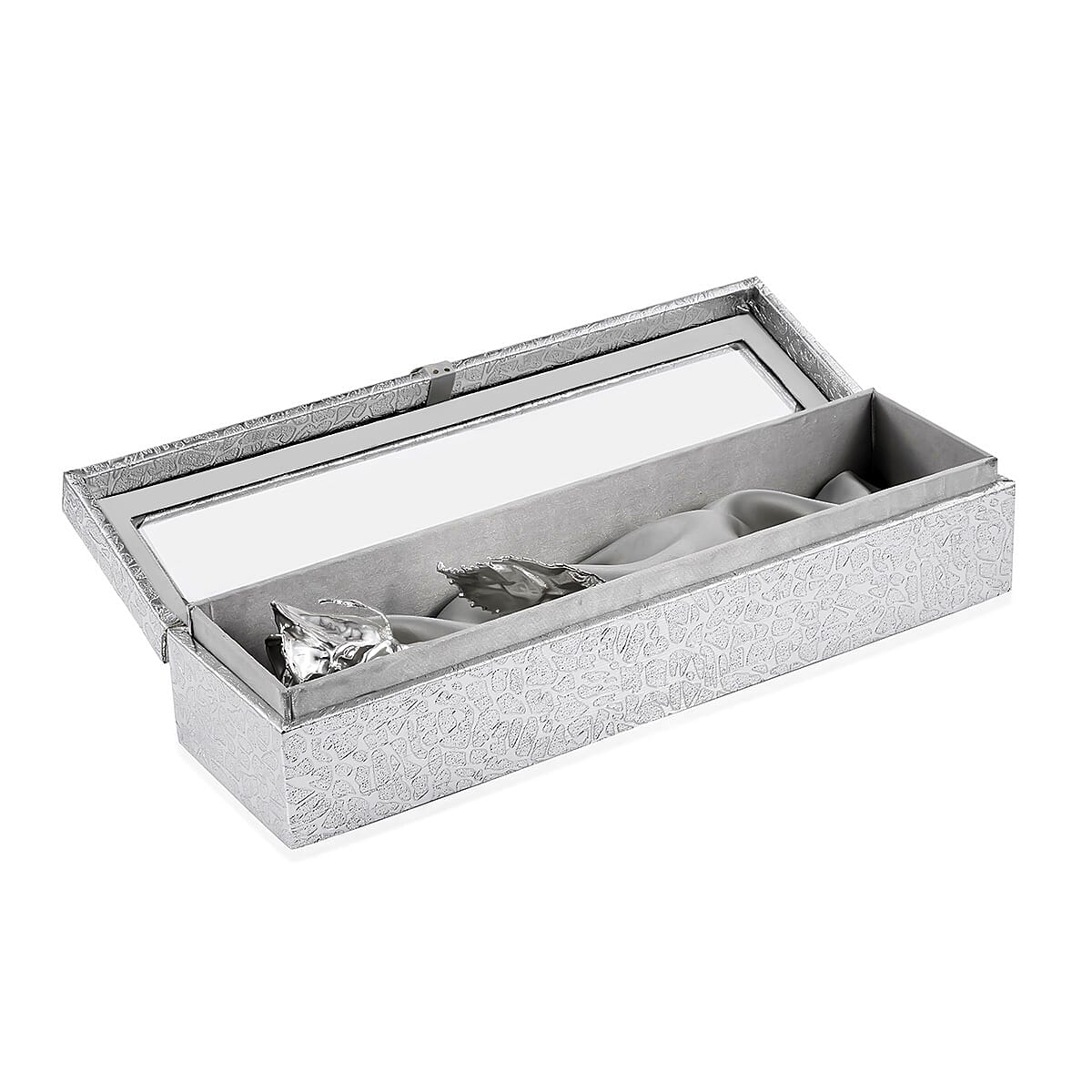 Handcrafted Silvertone Real Rose 11 Inch in Silver Safe Keep Box 12x2.75x3.5 in
