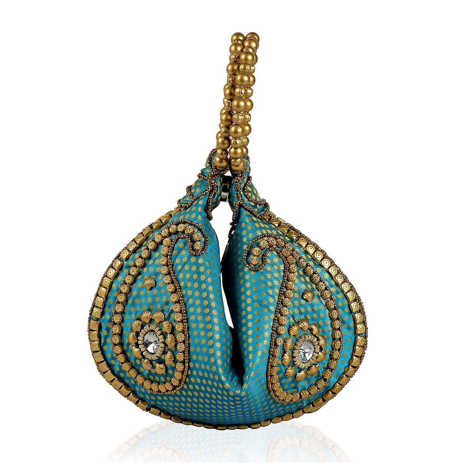 Turquoise, Golden and Beige Brocade, Pearl, Acrylic Beaded Potli Bag