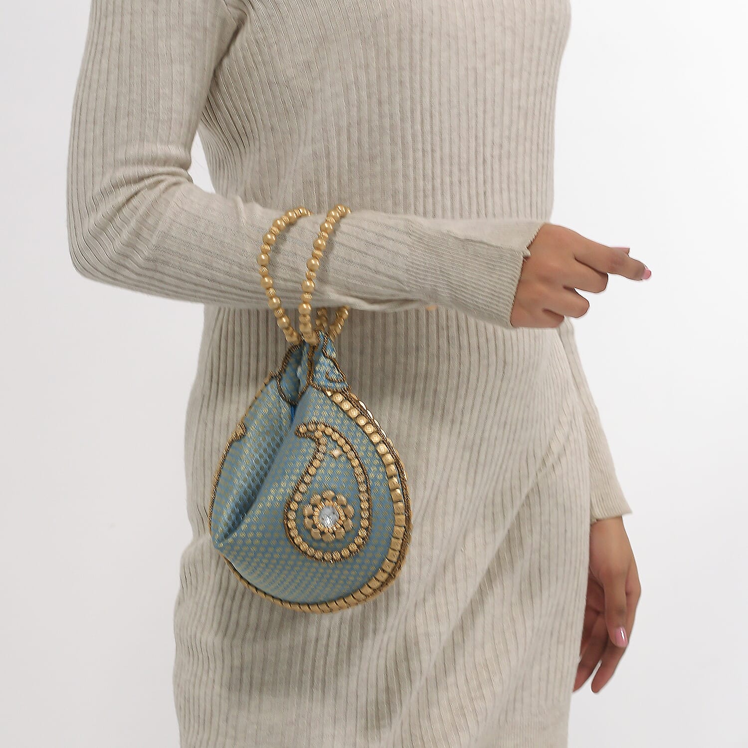 Turquoise, Golden and Beige Brocade, Pearl, Acrylic Beaded Potli Bag