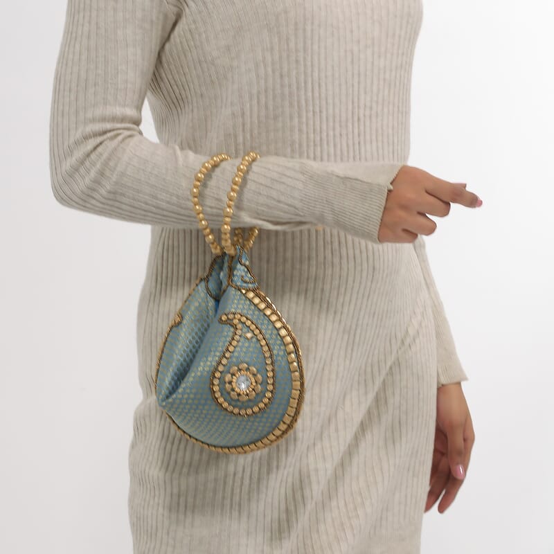 Turquoise, Golden and Beige Brocade, Pearl, Acrylic Beaded Potli Bag