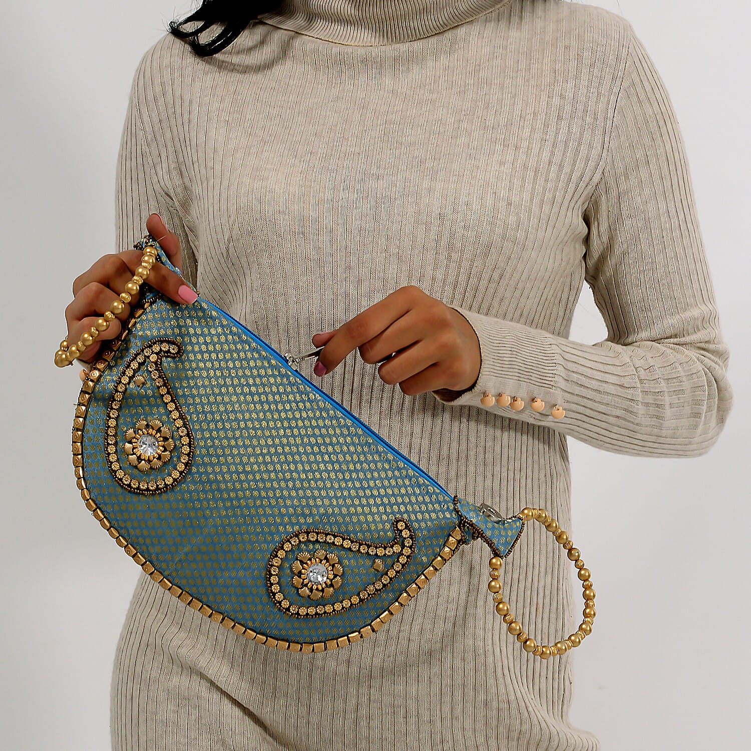 Turquoise, Golden and Beige Brocade, Pearl, Acrylic Beaded Potli Bag