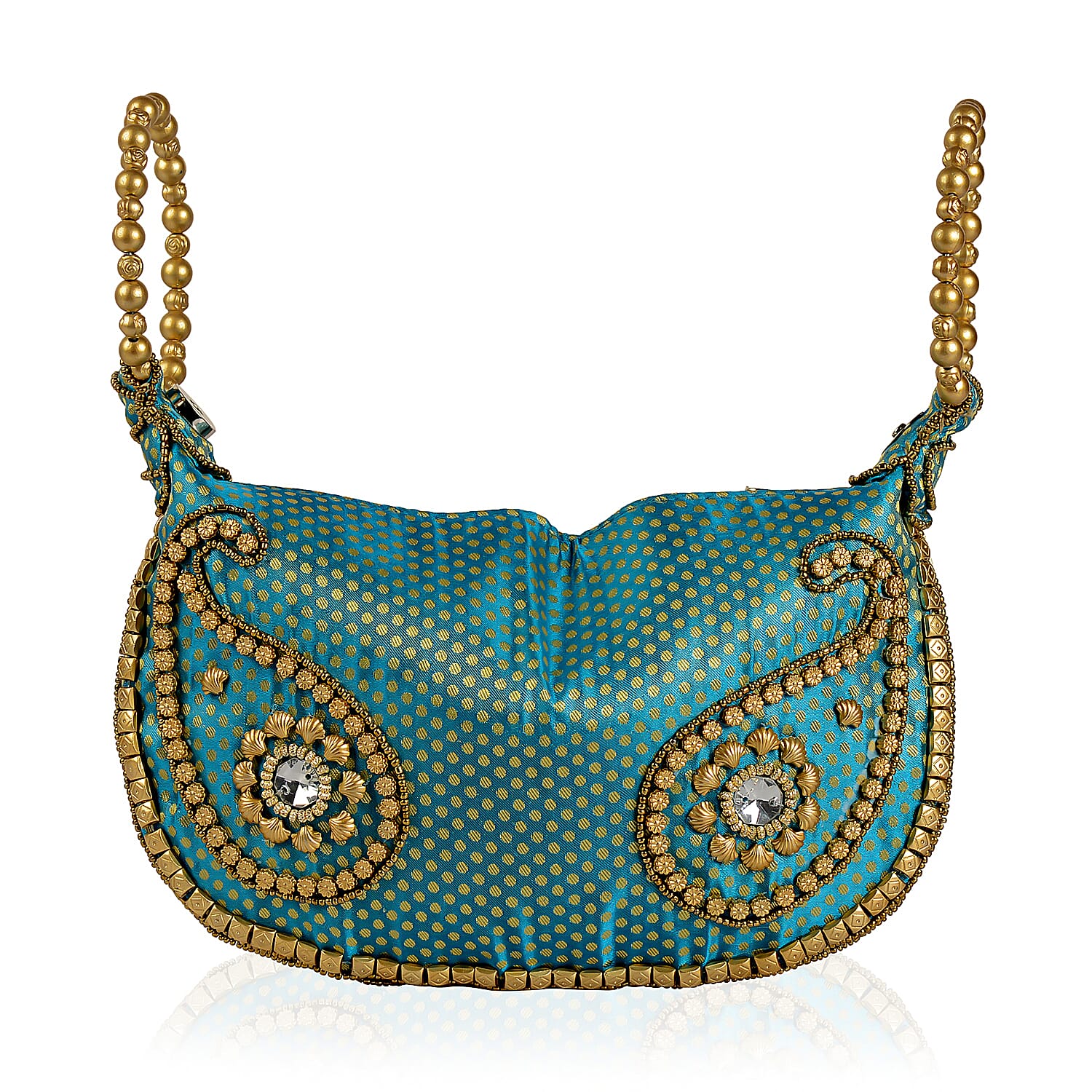 Turquoise, Golden and Beige Brocade, Pearl, Acrylic Beaded Potli Bag