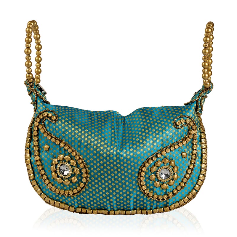 Turquoise, Golden and Beige Brocade, Pearl, Acrylic Beaded Potli Bag