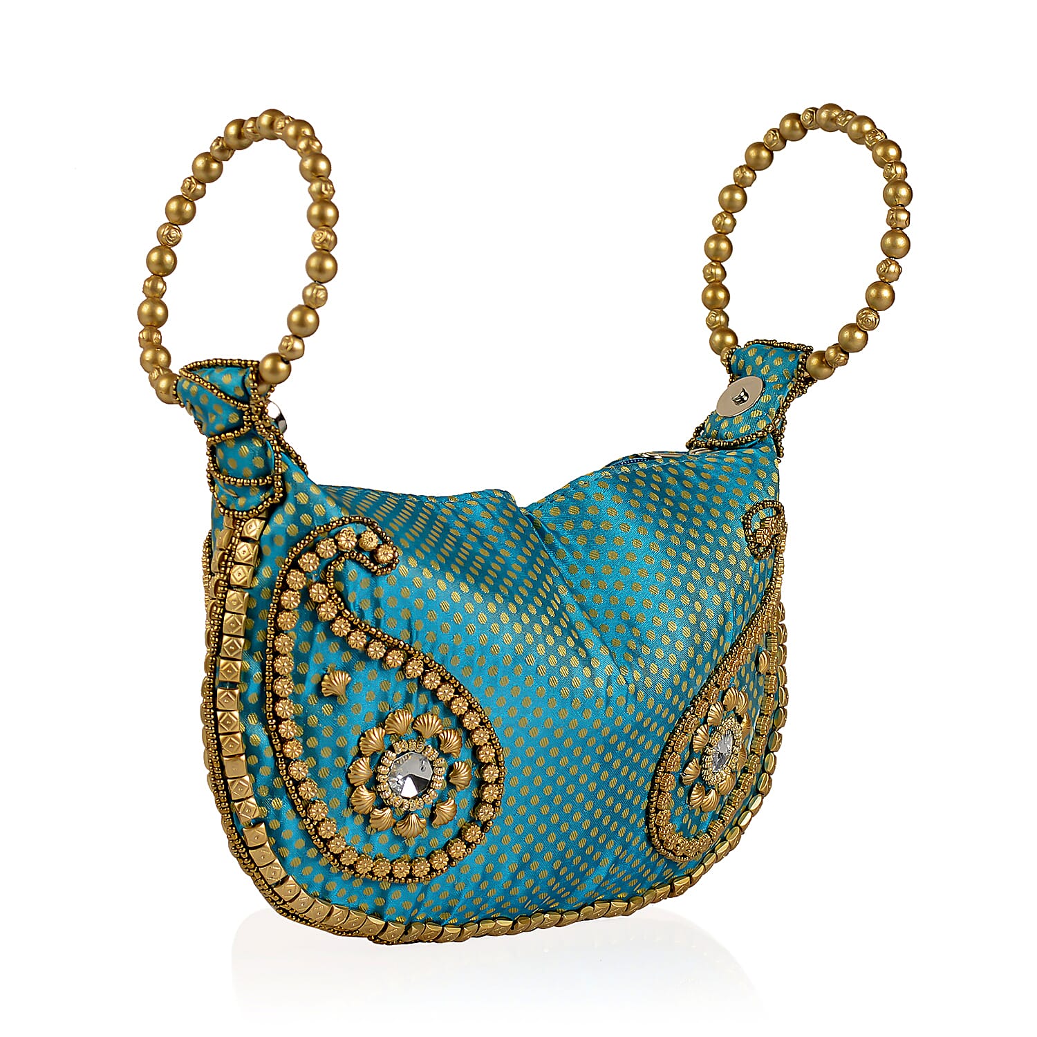 Turquoise, Golden and Beige Brocade, Pearl, Acrylic Beaded Potli Bag