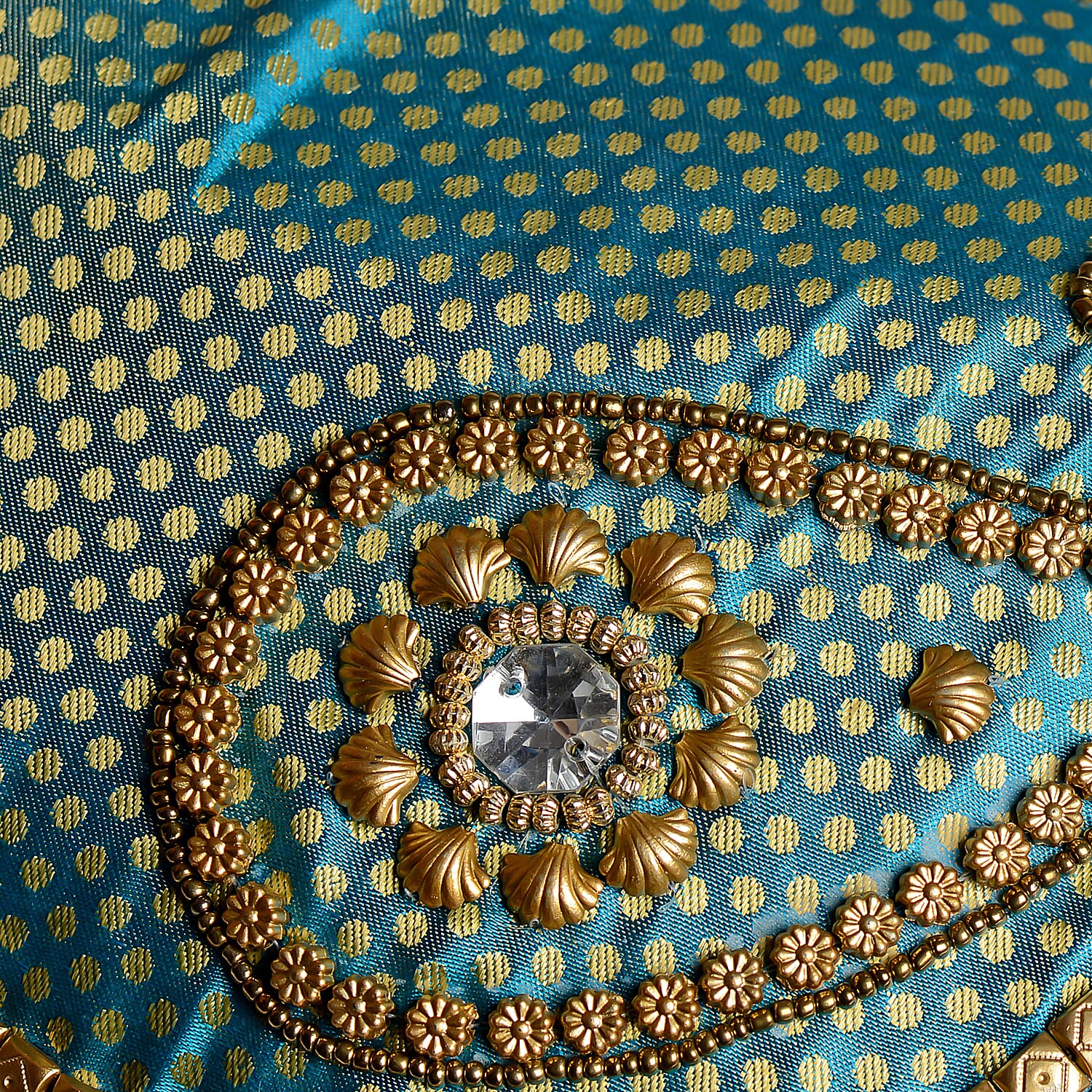 Turquoise, Golden and Beige Brocade, Pearl, Acrylic Beaded Potli Bag