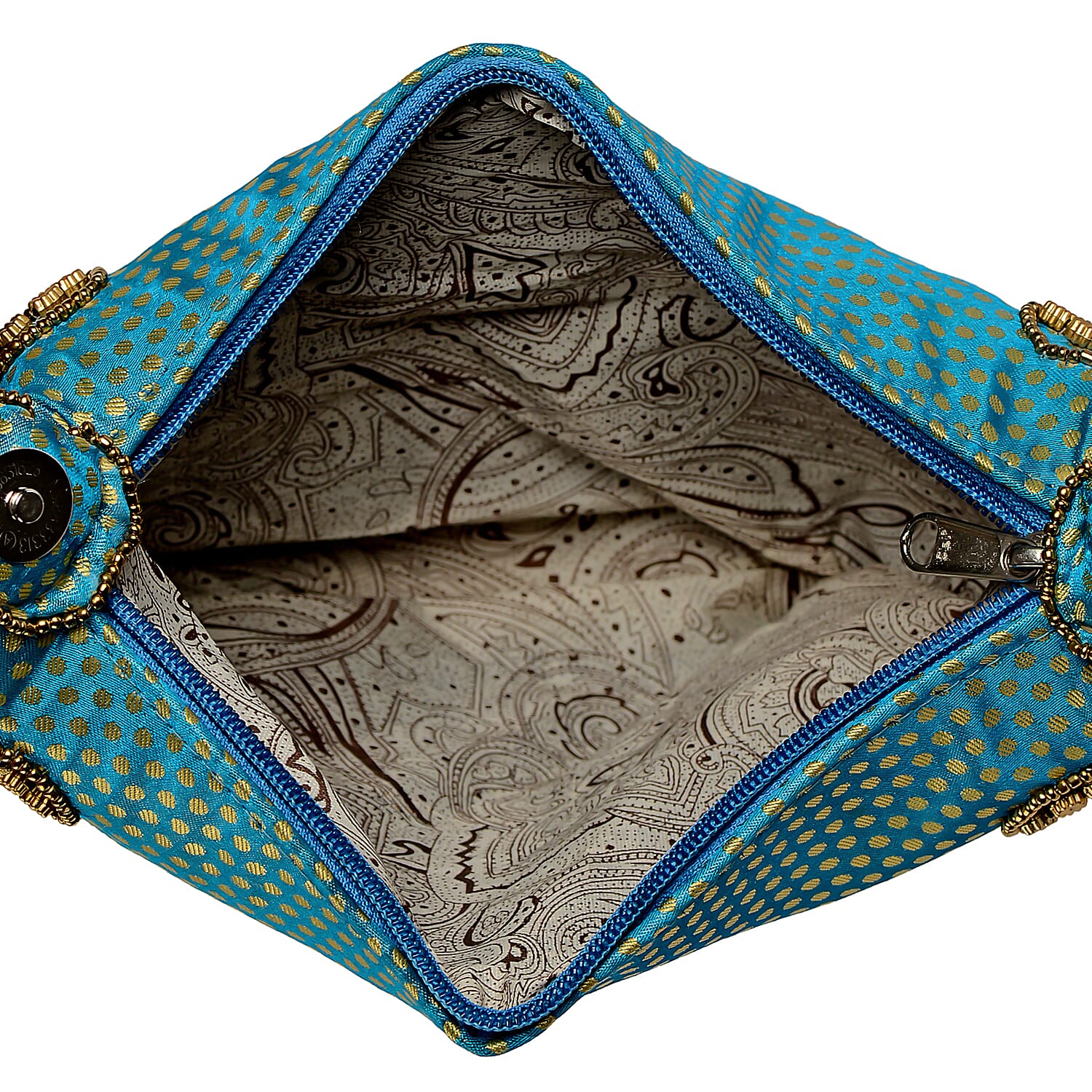Turquoise, Golden and Beige Brocade, Pearl, Acrylic Beaded Potli Bag