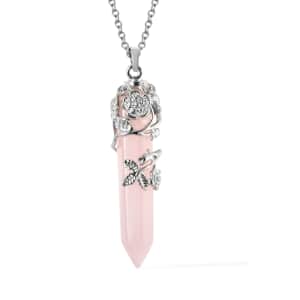 Galilea Rose Quartz Pointer Healing Crystal Pendant Necklace for Women, Flower Wrapped Pendant, Natural Stone Stainless Steel Necklace 24 Inches