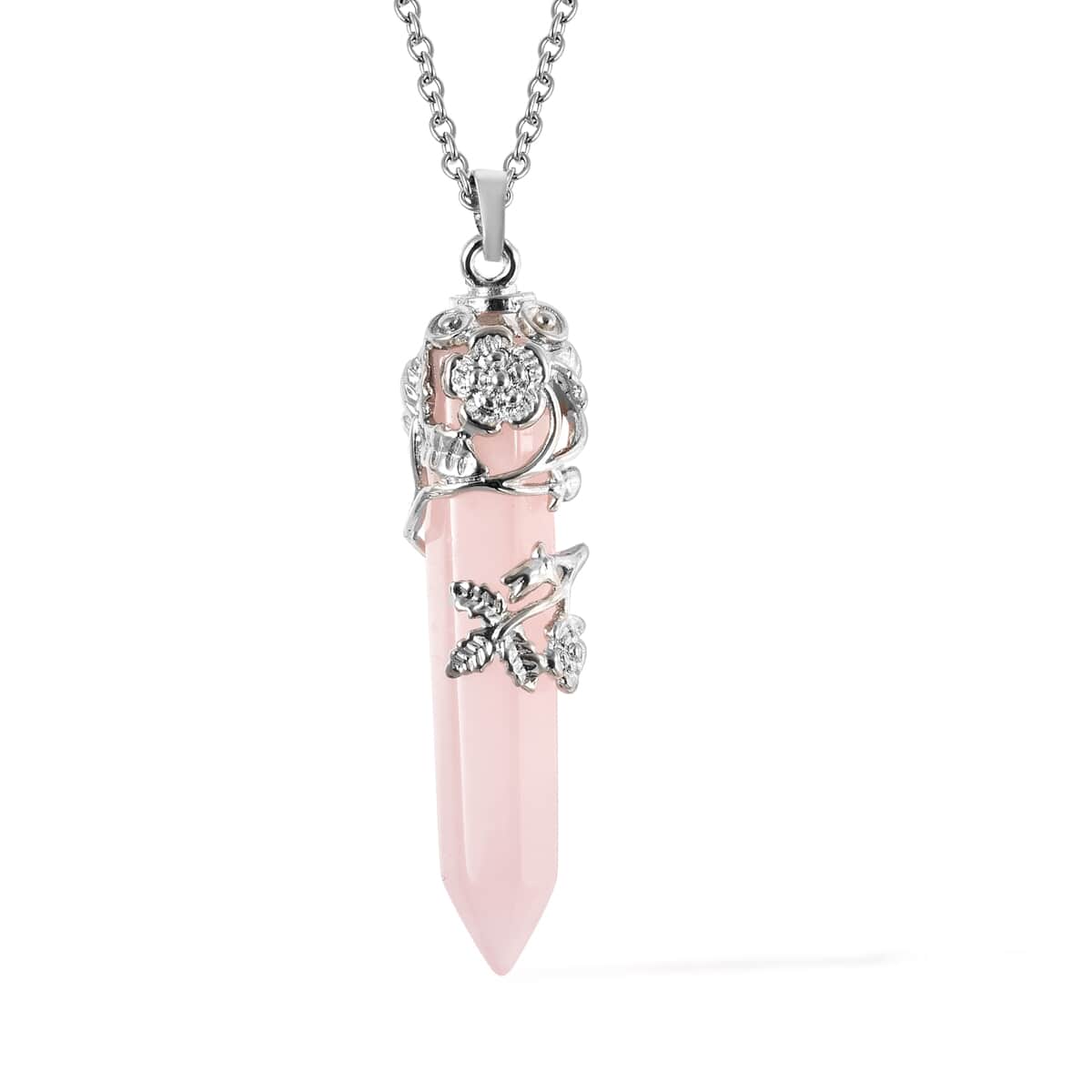 Galilea Rose Quartz Pointer Healing Crystal Pendant Necklace for Women, Flower Wrapped Pendant, Natural Stone Stainless Steel Necklace 24 Inches image number 0