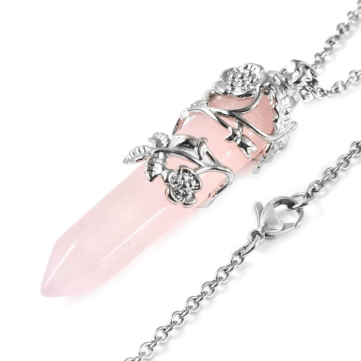 Galilea Rose Quartz Pointer Pendant Necklace 24 Inches in Silvertone and Stainless Steel 30.00 ctw image number 3