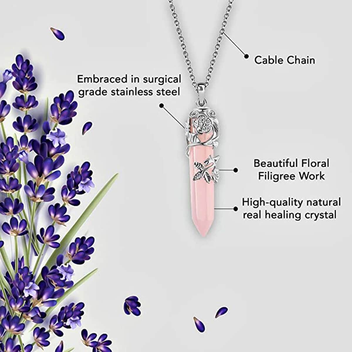 Galilea Rose Quartz Pointer Healing Crystal Pendant Necklace for Women, Flower Wrapped Pendant, Natural Stone Stainless Steel Necklace 24 Inches image number 4